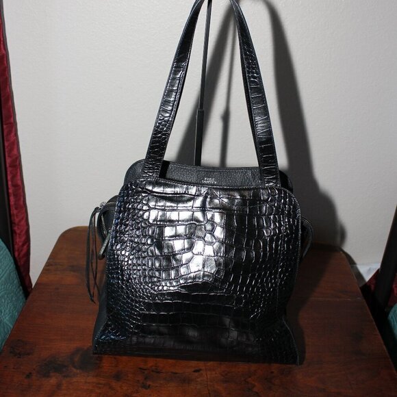 Vince Camuto Handbags - Vince Camuto Womens Black North South Tal Croc Embossed Leather Tote Bag Purse